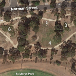 Map of Norman Street Reserve, St Marys with raingardens and swales marked