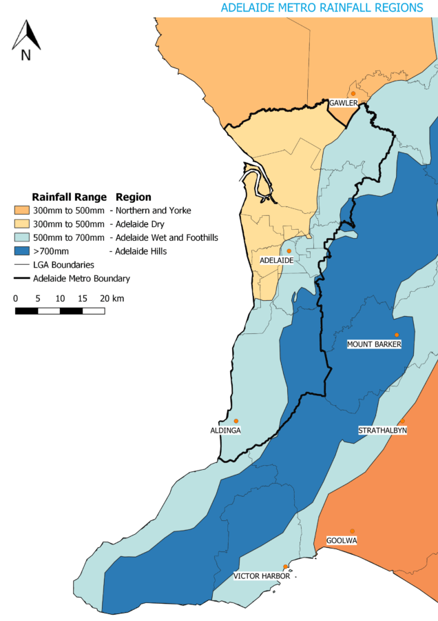 Rainfall regions for the Adelaide metropolitan area