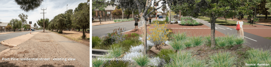 Greening Port Pirie residential street - existing and proposed outcome. Source: Aurecon