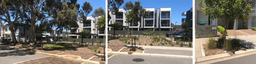 Marden Connect – Arabella Court's central park Arabella Court, swale and kerb inlets. Images: Water Sensitive SA