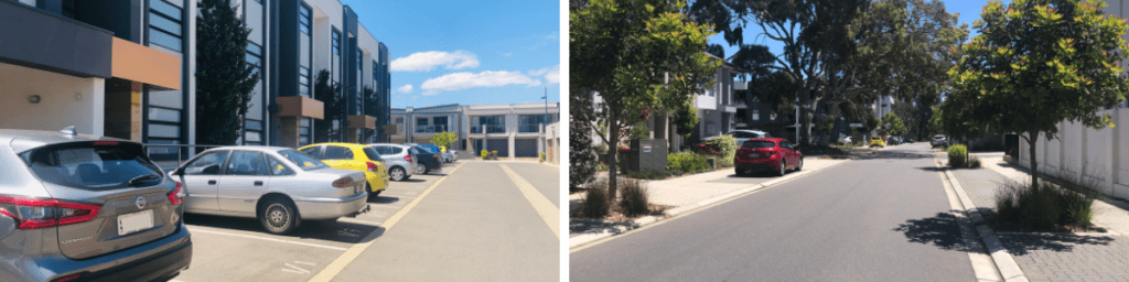 Marden Connect – apartment car spaces in Mitchell Lane, and entry to subdivision along gum-tree lined Arabella Court. Images: Water Sensitive SA
