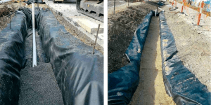 Two images of biofilration trenches on Smart Road, Modbury